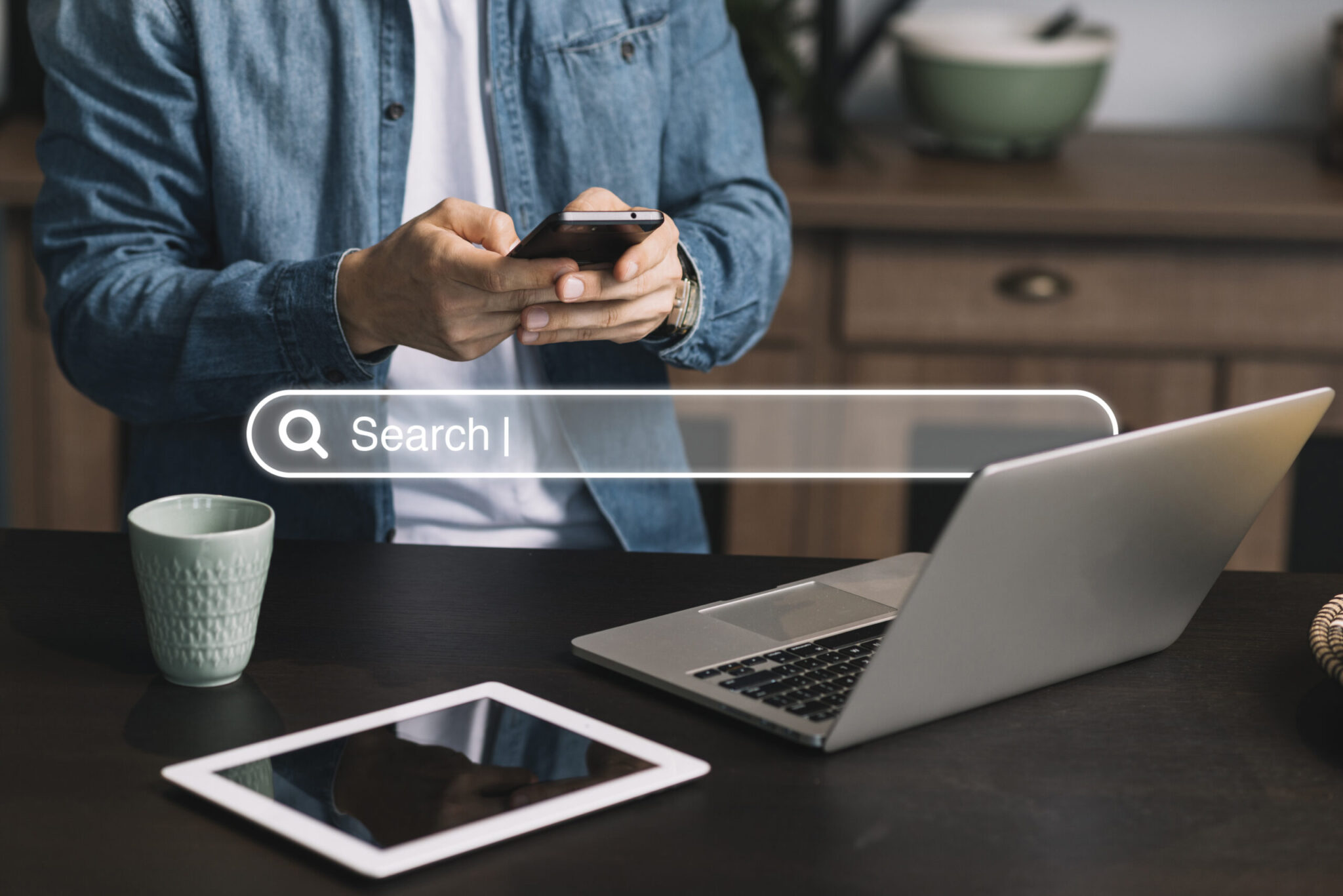 Man typing and search bar